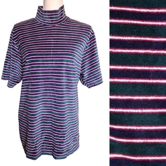 Vintage Sweaters - VTG 90s Green Blue Velvet Striped Short Sleeve Mock Top Plussize 18/ 20